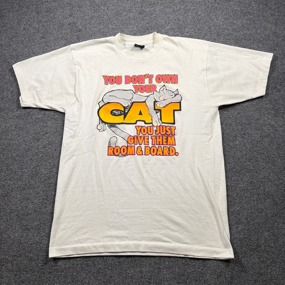Screen Stars T-Shirt Single Stitch Unisex Large Off-White Vintage Cat Humor USA